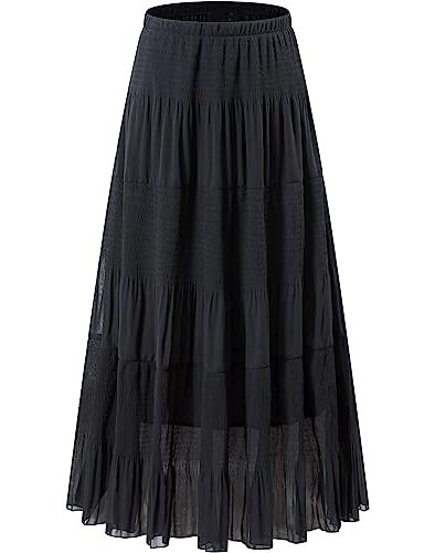 Women's Chiffon Elastic High Waist Pleated A-Line Flared Maxi Skirts