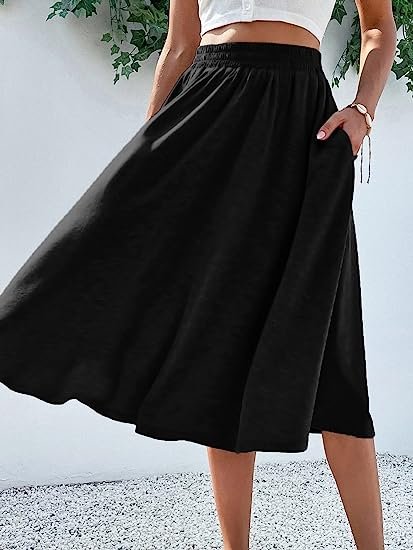 Women's Elastic Waist Pocket Side A Line Midi Swing Flared Skirt