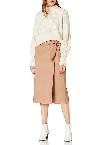 Women's Vegan Leather Wrap Front Midi Skirt