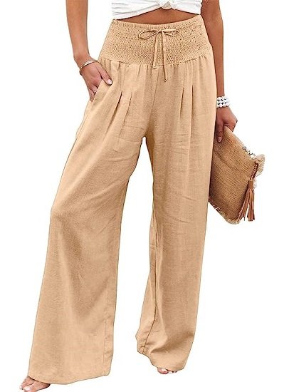 Ladies Linen Trousers, High Waist Pocket Cotton Linen Wide Leg Pants
