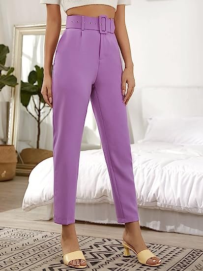 Women's High Waist Suit Pants Belted Crop Pencil Pants with Pockets
