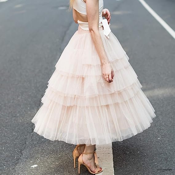 Women's Nude Pink Layered Mesh Tutu A-Line Midi Skirt