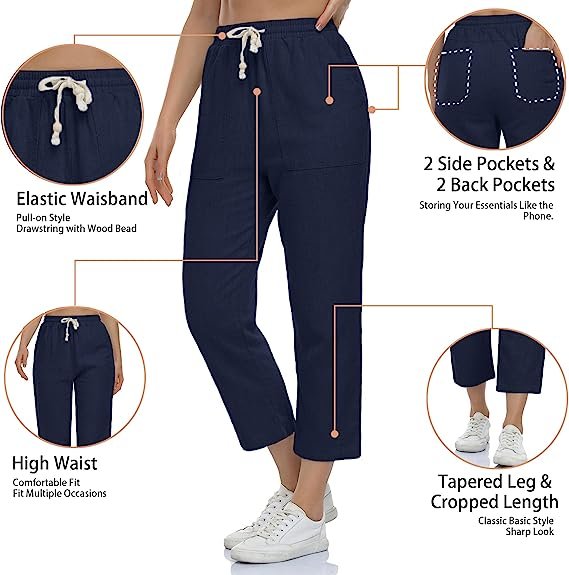 Women's Linen Trousers, Drawstring 4 Pocket High Waist Slip-On